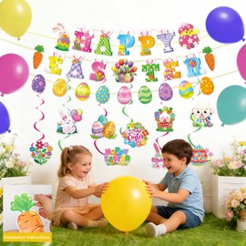 Easter Decorations for Home Pastel Easter Balloons Kit with Happy Easter Banner Egg Bunny Hanging Swirls Bunny Chick Foil Mylar Balloons Easter Party Supplies for Indoor Outdoor Spring Decor
