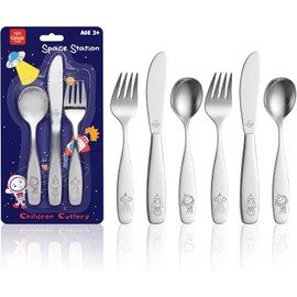 Lehoo Castle - Juego de cubiertos de acero inoxidable para niños, tenedor, cuchara y cuchillo, para niños de 3 años, 6 piezas,6 cubiertos, colección espacial