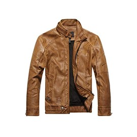 PASOK Men's Faux Leather Jacket Vintage Stand Collar Motorcycle PU Leather Outwear Coat 8822 Brown 2XL