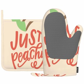 Mxocom Peach Silicone Oven Mitts and Pot Holders Sets Just Peachy Quote Word Hand Lettering Leaf Fruit BBQ Gloves for Kitchen,Cooking,Baking,Grilling