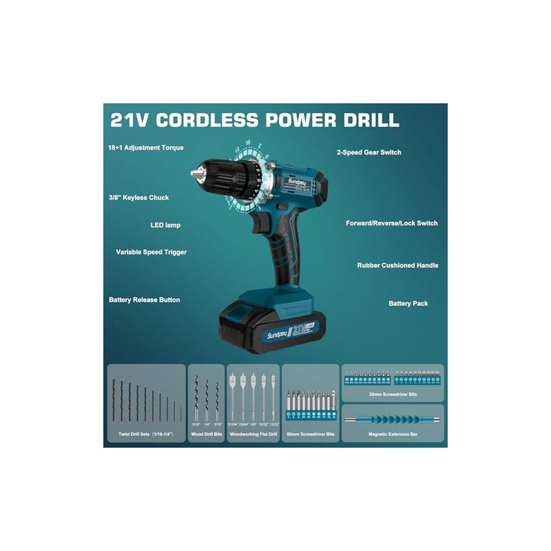 Tool Kit with 21V Cordless Drill - Sundpey 255-PCs Portable