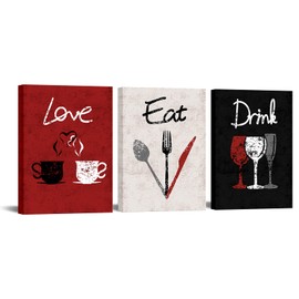 RnnJoile 3 Piece Red Kitchen Decor Love Eat Drink Canvas Wall Art Pictures Set Dinning Room Wall Accessories for Women Her Restaurants Chef Framed 12"x16"