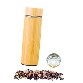 Ktchnhlprz Tea Bottle with Strainer, Bamboo, Double Walled Stainless Steel, Removable Tea Strainer, Up to 6 Hours Hot and Up to 8 Hours Cold Drinks, Thermos Flask