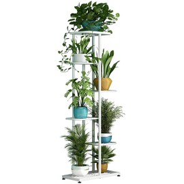 LINZINAR Plant Stand Metal 6 Tier 7 Potted Indoor Outdoor Multiple Stand Holder Shelf Rack Planter Display for Patio Garden Corner Balcony Bedroom (6 Tier 7 Potted, White)