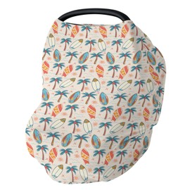 Retro Boho Surfing Car Seat Cover for Babies Summer Surfboards Coconut Palm Trees Sun Stretchy 5-in-1 Cover Adjustable Infant Carseat Canopy Cover Vintage Beach Life Breathable Nursing Cover-Up
