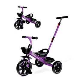 KRIDDO 2-in-1 Toddler Tricycle for Ages 18 Months to 5 Years Old - Extended Push Handle for Effortless Push, Gift Trike for Toddler 3 to 5 Year, Kids Tricycle with Foldable Front Footrest, Purple