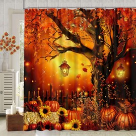 Cortina de ducha de otoño, diseño de calabaza, diseño de girasoles de otoño y calabaza, juego de cortina de ducha Rusitc, para baño con tela de gancho, poliéster de 72 x 72 pulgadas