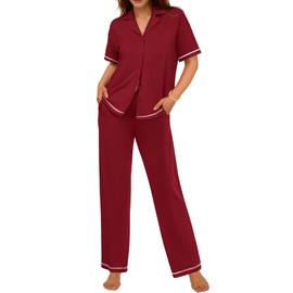 Ekouaer Cotton Pajamas Sets for Women 2 Piece Button Down Short Sleeve Pjs Set with Long Pants Lounge Set Soft Sleepwear(Wine Red, XXL)