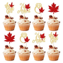 24 piezas de decoración para cupcakes, diseño de hojas de arce con purpurina, para despedida de soltera, para otoño, boda, compromiso, fiesta de Acción de Gracias, suministros de decoración de pasteles