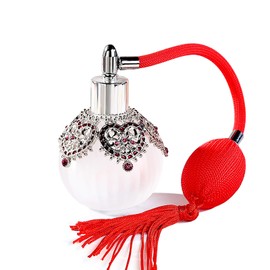 Joyeee 50ml Glass Perfume Bottles Spray Empty with Antique Silver Flower Figurine, 1 Pack Vintage Refillable Perfume Bottle with Red Long Tassel, Suit Girl or Women Gift for Dresser Table Decor