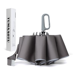 QWB TUMAAOTU Inverted Umbrella with Carabiner Handle, Wind Proof Umbrellas For Rain, 46 Inch Portable Reverse Folding Umbrella, Car Umbrella for Women Men, 10 Ribs (grey)