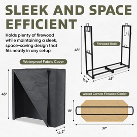 EmberCrest 4Ft Heavy Duty Firewood Rack Outdoor, 3 Level Adjustable Length Wood Rack Indoor with Firewood Holder Cover & Log Holder Carrier, Weather Resistant Wood Stacker Storage for Patio Fireplace