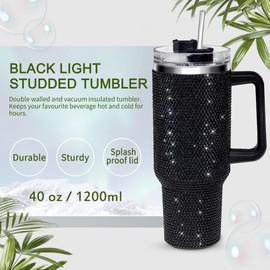 40oz Tumbler with Handle-Glitter Tumbler, Rhinestones Tumbler Bling Cups Stainless Steel Water Bottle Diamond Studded Tumbler for Women-Birthday Gifts for Women, Mom, Wife, Girlfriend (40 oz, Black)