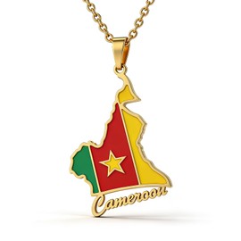 Xusamss Cameroon Map Pendant Necklace for Men Women, Stainless Steel Enamel Cameroonian Chain with Flag Charm, 50cm Length, Lightweight Fashion Jewelry(Gold)