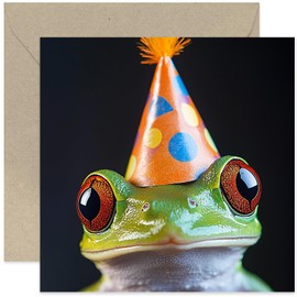 Fun Birthday Cards for Him or Her - Funny Close Up Frog Party Hat Photo Greeting Card for Friends and Family - Gifts for Them - Art Photography Birthday Card - Friend Colleague