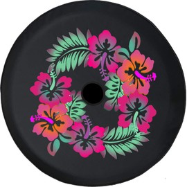 Funny Spare Tire Wheel Cover for Camper SUV Trailer Truck RV JP Thick PVC Leather | Hawaiian Tropical Flowers Black 32 Inch with Backup Camera Hole