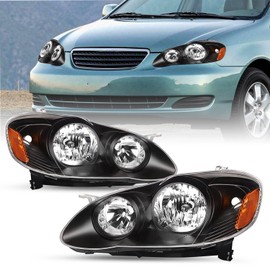 SOCKIR Headlight Assembly Compatible with 2003 2004 2005 2006 2007 2008 Toyota Corolla Headlamps Black Housing with Amber Reflector
