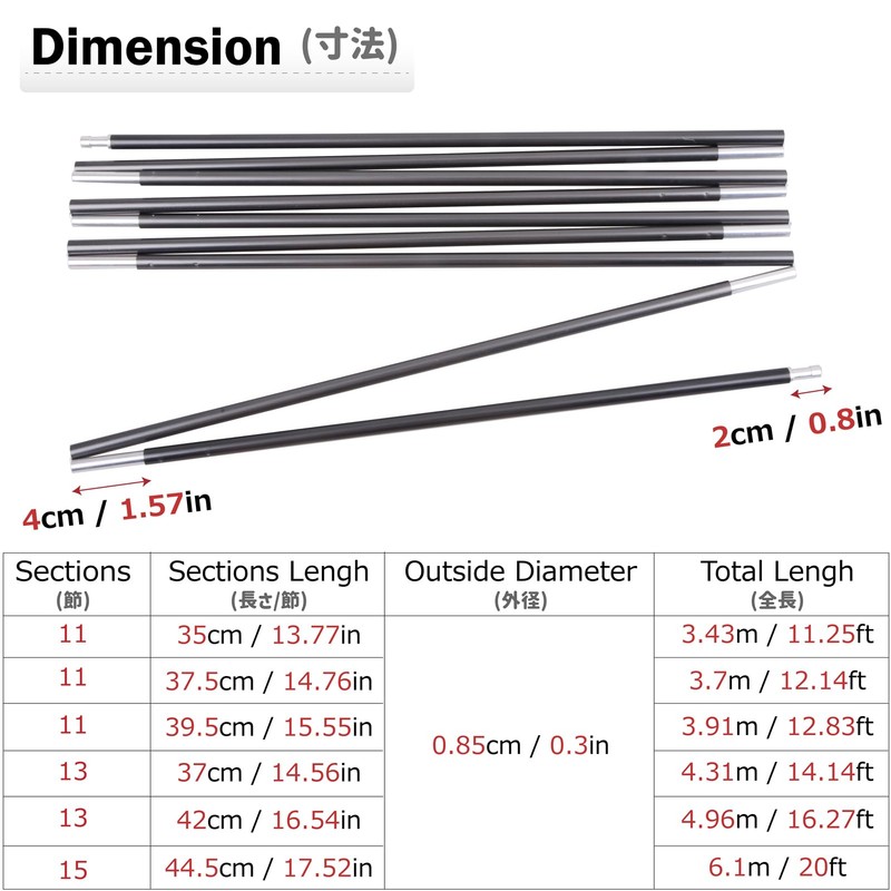 Azarxis Tent Pole, Aluminum Pole, Lightweight, Replacement Pole, Tent Frame,