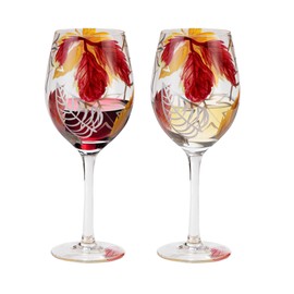 NIRA.Z Hand Painted Wine Glasses 16.9 OZ Set of 2 Hand Blown Long-Stem Wine Glass for Enhanced Aromas, Elegant, Unique, Ideal for Gift, Special Days, Holiday, Party, Anniversary, Birthday (Leaves)