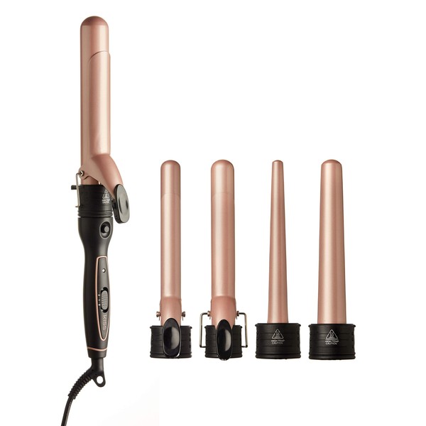 Kiss Gold Edition 5-In-1 Curling Iron - Interchangeable Ceramic Tourmaline Curling Wand and Styling Iron Set with 3 Styling Clips & 2 Curling Wands, 2 Heat Settings, Heat Resistant Glove, 110/120 V