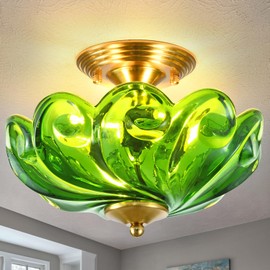 HuixuTe Modern Semi Flush Mount Ceiling Light, 3-Light Gold Close to Ceiling Light Fixture with Green Glass Shade for Living Room Entryway Bedroom