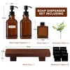 Modern Kitchen Soap Dispenser Set with Wood Tray, Amber Glass