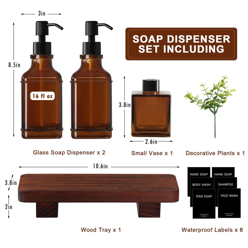 Modern Kitchen Soap Dispenser Set with Wood Tray, Amber Glass