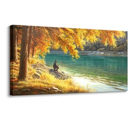 JEAWA Canvas Wall Art Decor - Natural Landscape Wall Art for Bedroom Living Room Bathroom, Modern Artwork Decor for Home Decoration, Yellow Tree and Green Lake, 20x40 IN