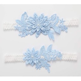 Juego de ligas de boda de encaje para novia, liga floral elástica para novia, Azul claro-2, M(16"-20.5")