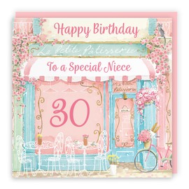Hunts England - 30th Niece La Petite Patisserie Birthday Card - Charming Pink Bakery, Pretty French Cafe Female Floral Design - Age 30 Happy Birthday Niece Card - Milo's Gallery