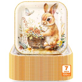 Potchen 100 Pcs Easter Bunny Dessert Plates Bulk 7 x 7 Inch Disposable Vintage Bunny Paper Plates Square Gold Foil Dessert Plates for Easter Spring Party Decor Supplies