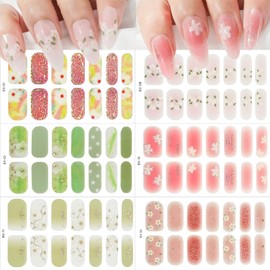 6 Sheets Full Nail Wraps Flower Nail Wraps Self-Adhesive Semi Cured Gel Nail Strips Stickers Nail Polish Strips Solid Color Nail Polish Spring Floral Gloss Nail Wraps Supplies for Women Manicure Tips