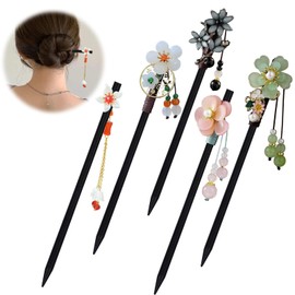 FloralGrace Pack of 5 Wooden Hair Sticks, Vintage Hair Sticks, Chinese Hairpin Sticks, Hair Sticks, Hair Pins with Flowers for Women, Girls, Solid Hairstyle Hair Accessories