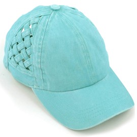 C.C Exclusives Washed Cotton Denim Basket Weave Criss-Cross Ponytail Baseball Cap Bundle Hair Tie (BT-922) (Mint)