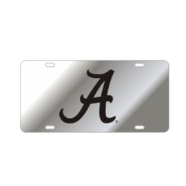Craftique Alabama Crimson Tide Laser Cut Scripted A Mirrored Car Tag-Silver/Black