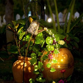 Solar Garden Watering Can Lights,Solar Waterfall Lights with Cascading Lights Waterproof Charging Board,Garden Decor for Outside,Outdoor Solar Light String Fairy LED Hanging Lantern for Yard Decor PY