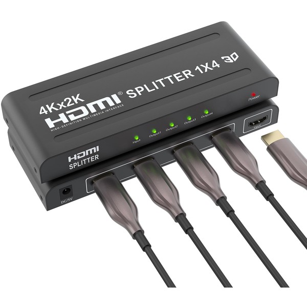 HDMI Splitter 1 in 4 out-4K HDMI Splitter 1x4 HDMI Splitter for Multi-Screen Display, 4Kx2K@30Hz&3D Full HD 5V/1A Power HDMI Splitter, Suitable for Office teaching/PS4/HDTV/Store