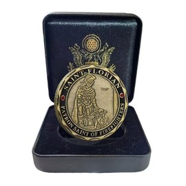 St. Florian Firefighter Challenge Coin Gift Box – Patron Saint of Firefighters with Prayer – Engraved Metal Coin for First Responders, Gifts & Memorials