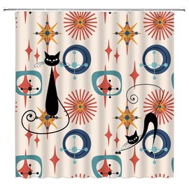 Mid Century Shower Curtain Vintage Cute Black Cat Modern Atomic Retro Abstract Geometric 1950s 60s Iconic Sputnik Decor Bathroom Curtain Set with Hook