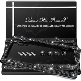 2 Pack Bling License Plate Frames, Sparkly Rhinestone Diamond Car License Plate Cover for Women, Stainless Steel Car Accessories with Glitter Crystal Caps (Black)