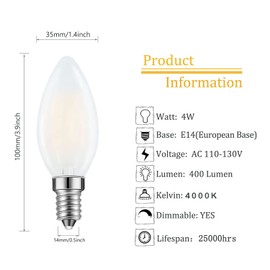 Lamsky E14 LED Bulb European Base 4W LED Chandelier Light Bulbs Dimmable 40W Equivalent,110V 4000K Neutral White,Frosted Glass Decorative Bulb,6 Pack