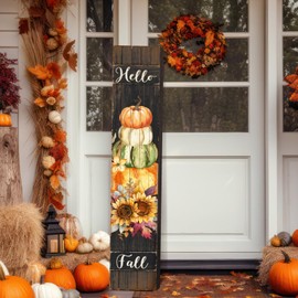Farmhouse Fall Porch Decorations Outdoor Pumpkin Porch Sign 8 x 47 Inch Large Thanksgiving Wooden Fall Vertical Porch Sign Fall Decoration for Home Outside Yard(Pumpkin and Flower,Natural Color)