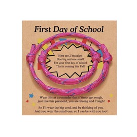 2Pcs First Day of School Family Matching String knit Bracelets Mother/Father and Daughter/Son Nylon Rope Back to School Gifts Protection Blessing Jewelry With Message Card Paracord Anxiety Relief Present (Pink)