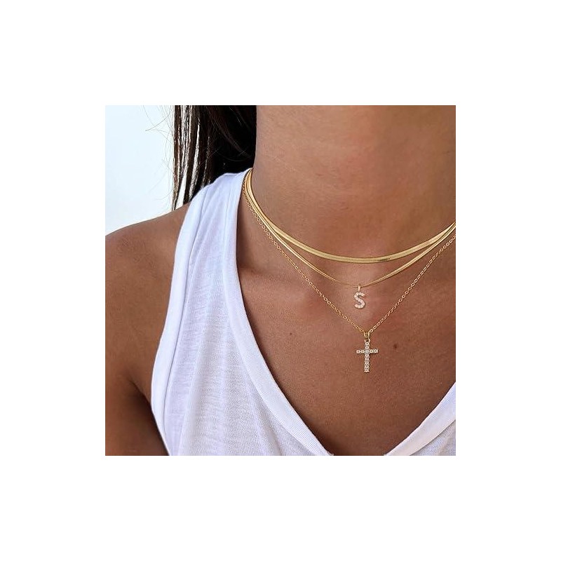 TASISO Layered Gold Necklaces for Women Tiny Initial Necklaces 14K