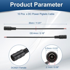 MECCANIXITY 10pcs DC Power Pigtails Cable, 5.5 x 2.1mm Female Barrel Plug Connector to Bare Wire Open End for CCTV Camera, DVR, LED Strip, 30cm Black