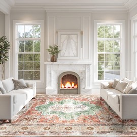 BESTSWEETIE 9x12 Area Rugs Machine Washable No Pile Non Slip Vintage Rugs for Living Room&Bedroom&Dinning Room Bohemian Distressed Carpet Indoor,Brick