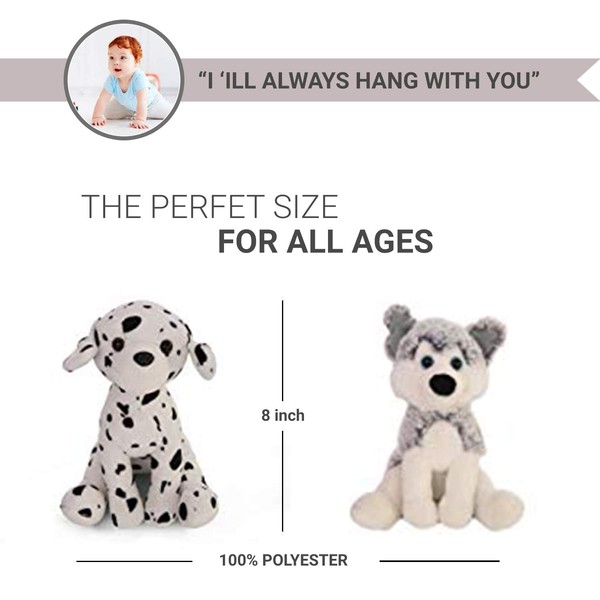 Plushland Stuffed Plush Dog Assortment – Collection of Labrador, Dalmatian, Husky and Beagle - Cute Dog Toys for Kids – 4 Pack – 8 inches.