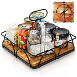 WRINGKIT Condiment Caddy with Handle Lazy Susan, Wood Spice Caddy, 360° Turntable Organizer for Cabinet, Kitchen, Condiment Holder for Table, Restaurants, Seasoning Tray, 8.66 Inch