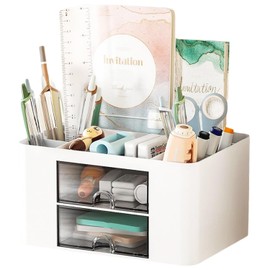 MITUMOMO Drawer Organizers, Plastic Table Organiser with 2 Drawers, Multifunctional Desk Organiser, Pen Holder for Desktop Storage, Desk Organization for School, Home, Office Supplies (White)