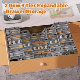 Lucasden 3 Tier Drawer Organizer - Expandable Junk Drawer Organizer Smart Office Supply Organizer, Folding Kitchen Drawer Storage Multi Level Desk Organizer for Makeup, Jewelry, Cosmetics Storage(2 Row 3 Tier)